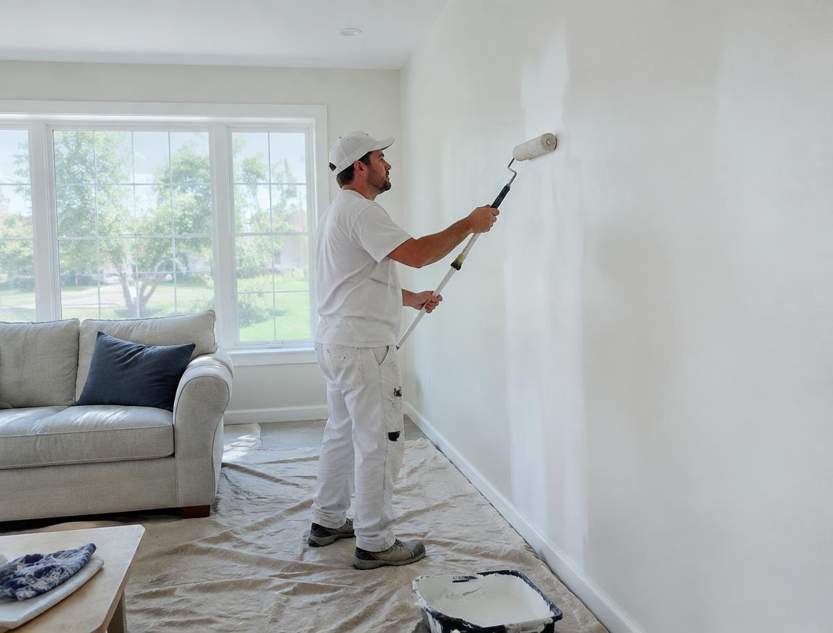 Painter rolling a smooth coat of soft white paint on an interior living room wall